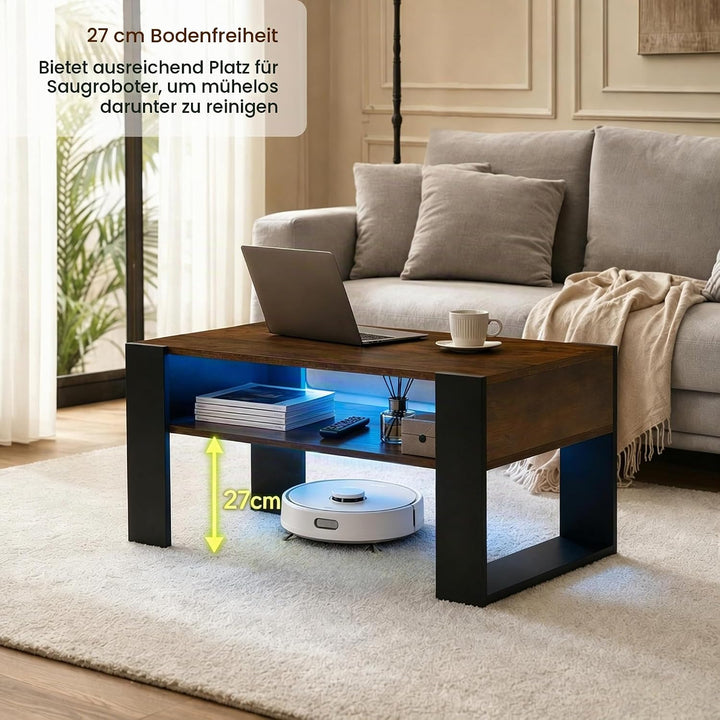 LED Couchtisch mit Stauraum, Wohnzimmertisch mit 2 Ebenen, moderner Sofatisch aus Holz, Beistelltisc