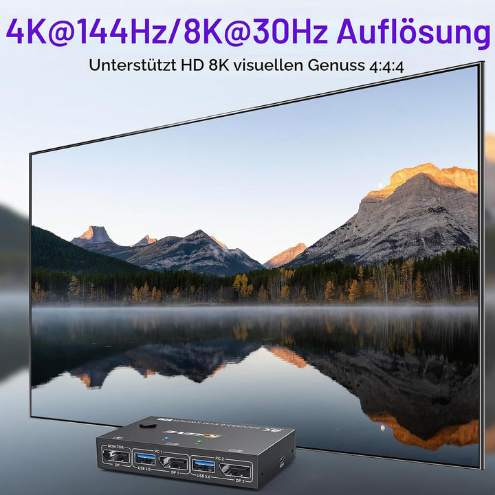 USB 3.0 KVM Switch Displayport 4K@144Hz, KVM Switch 2 PC 1 Monitor 8K@30Hz, DP KVM Switches for 2 PC