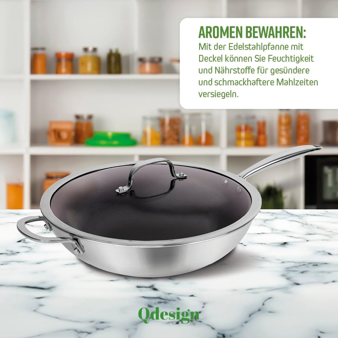 Qdesign - Dreischichtige Wok-Pfanne - Edelstahl mit Antihaftbeschichtung - Induktionsboden - Gesunde
