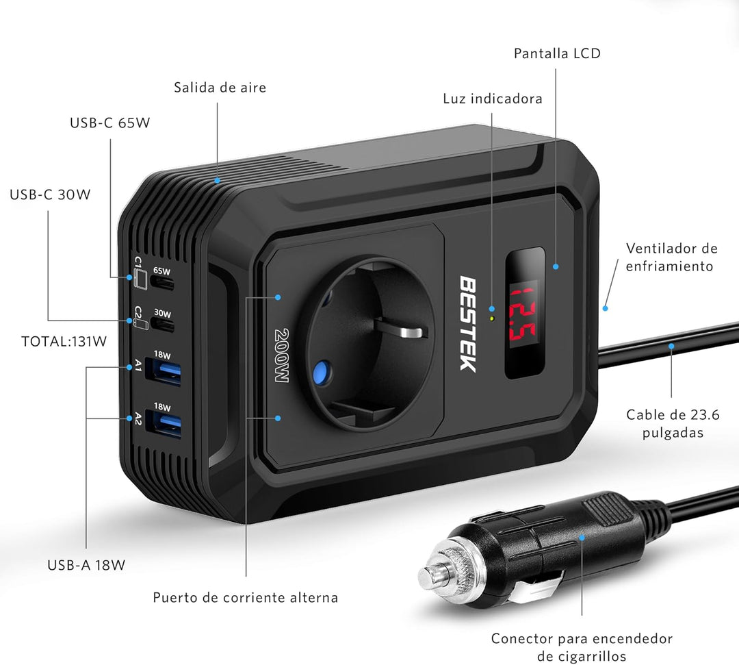 BESTEK 200 W Spannungswandler 12 V auf 240 V 230 V AC Auto-Wechselrichter, mit 3-pin Steckdosen, 2 1