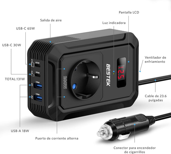 BESTEK 200 W Spannungswandler 12 V auf 240 V 230 V AC Auto-Wechselrichter, mit 3-pin Steckdosen, 2 1