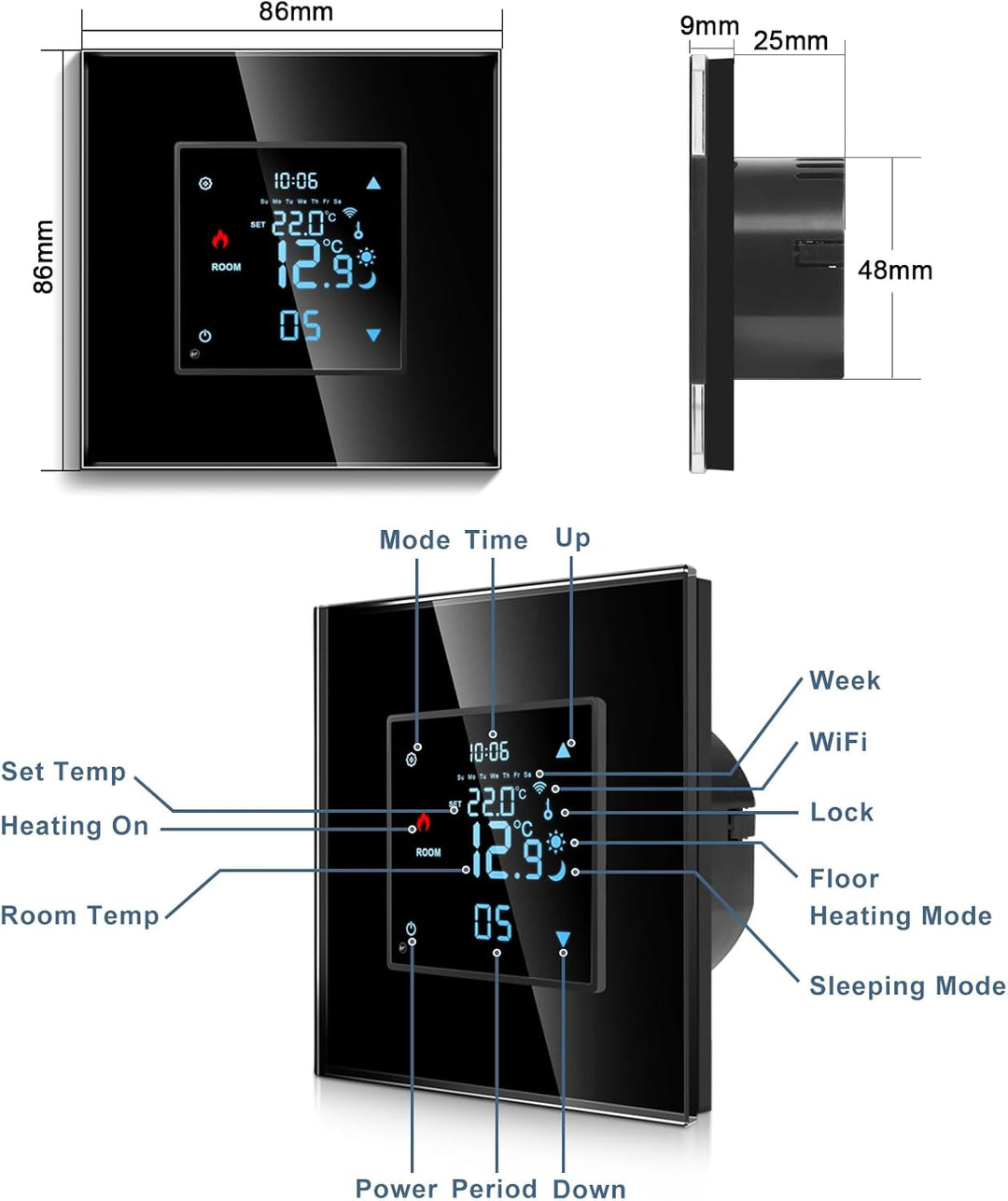 CNBINGO Smart Thermostat Unterputz mit Fühler, Digitaler Raumthermostat für Wasser Fussbodenheizunge