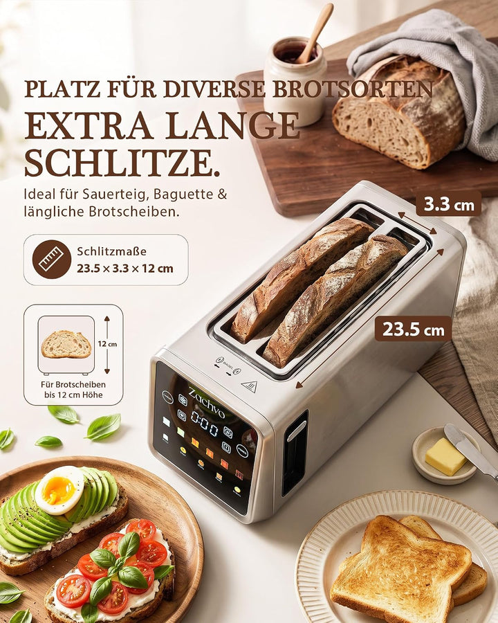 4 Scheiben Langschlitz Toaster Edelstahl, Smart Touchscreen mit LED-Countdown, Memory-Funktion, 6 Br