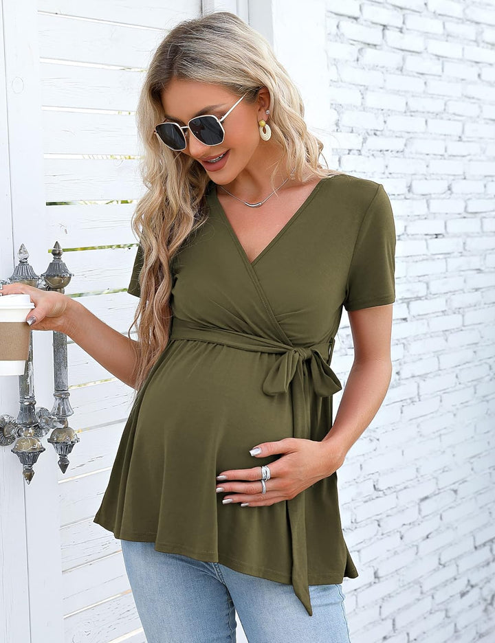 KOJOOIN Damen Stillshirt Schwangerschaftsshirt V-Ausschnitt Umstandsshirt Langarm Nursing Tops mit G