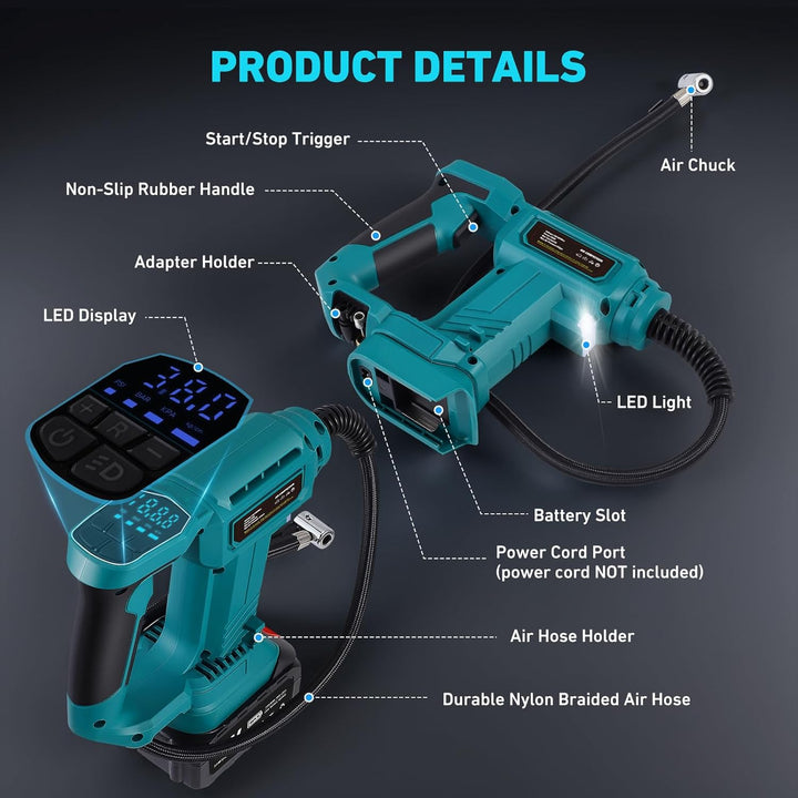 Tragbarer Luftkompressor für Batterien 18 V, max. 11 bar, automatischer Aufblaser mit digitalem Mano