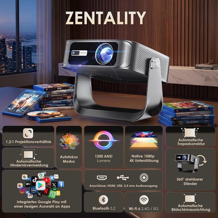 2026 Neuer Mini Beamer 4K Smart Beamer 【Offizielle Apps】 Native 1080p 1200 Lumen Auto Keystone Autof