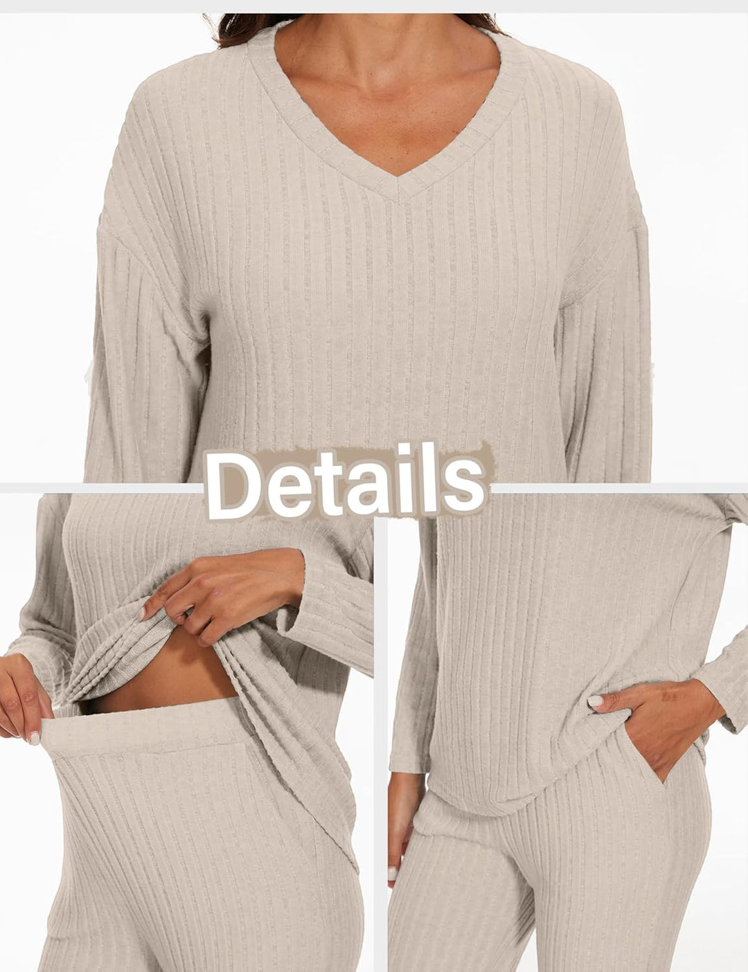 Schlafanzug Damen Lang Zweiteiler Nachtwäsche Warm Pyjama Set mit V-Ausschnitt Top und Hosen mit Tas