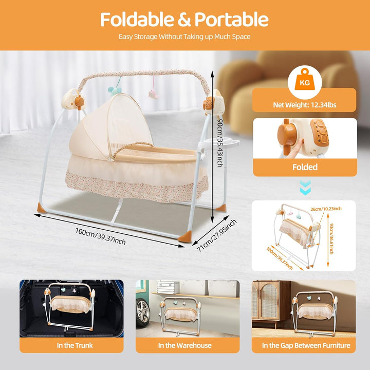 Babywiege elektrisch mit Bluetooth &amp; 12 Liedern, Babyschaukel 5 Geschwindigkeiten &amp; Timer 8-60 Min –