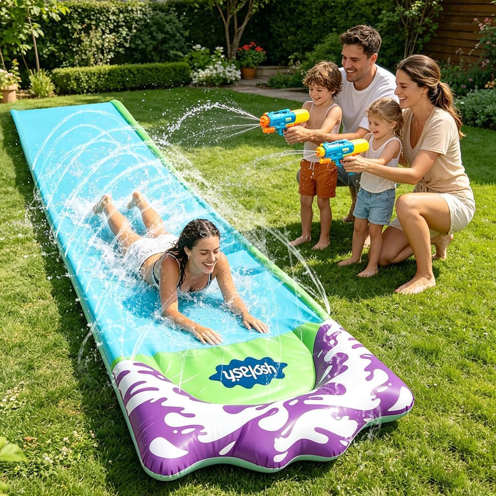 Wasserrutsche, 480 x 70CM/188.98 x 27.56in Wasserrutschbahn mit Sprinkler, Wassermatte mit 2 Bodyboa
