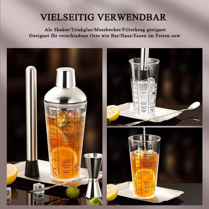 Cocktail Shaker, 400ml Professional Glas Cocktail Set, Cocktailshaker Zubehör Messbecher Coctail Mix