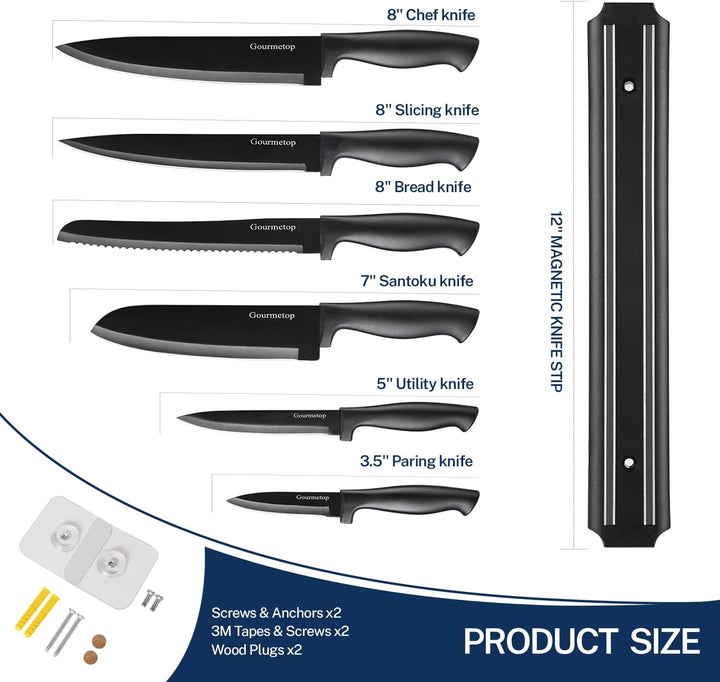 Gourmetop Kitchen Knife Set with No Drilling Magnetic Strip, Knives Set for Kitchen Black Cooking Kn