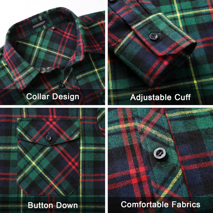 HISDERN Herren Hemd Checked Flanell Shirt, Herren Langarm Oberteil für Männer mit Brusttaschen, Butt