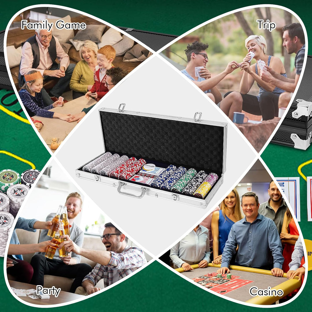 HOMASIS Pokerset mit 500 Chips, Alu Pokerkoffer mit 2 Kartendecks, 5 Würfeln, 3 Dealer Button & Matt