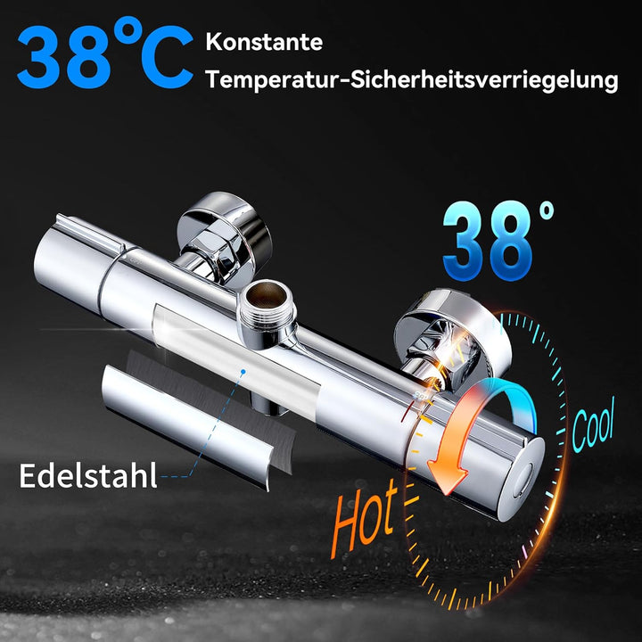 HOMELODY Duschsystem aus Edelstahl mit Thermostat Chrom - Duscharmatur Komplettset mit 3 Strahlarten