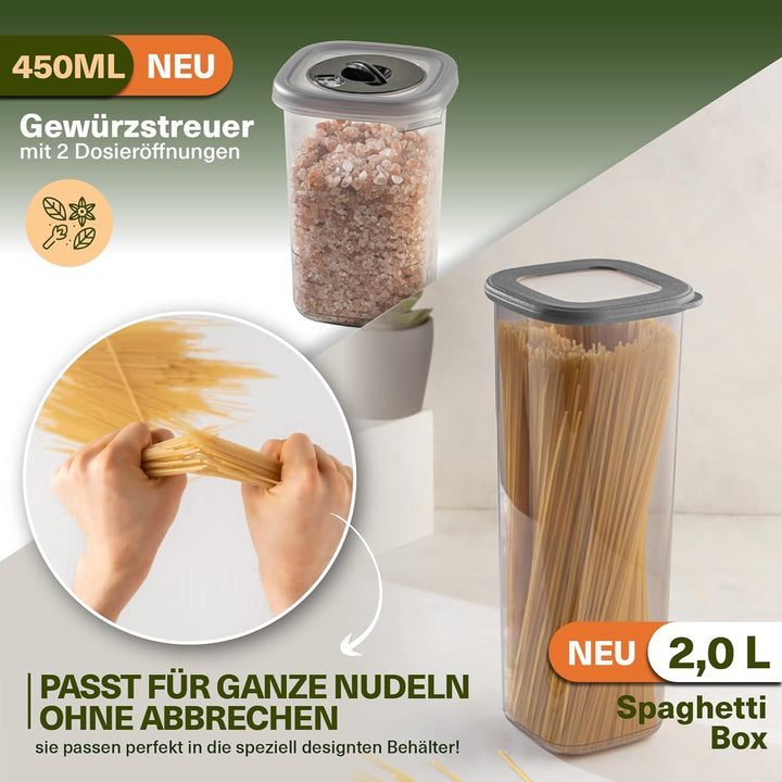 Vorratsdosen Set 18-teilig – inkl. 2,0L Spaghetti Box & 6 Gewürzdosen mit Dosierdeckel – stapelbare
