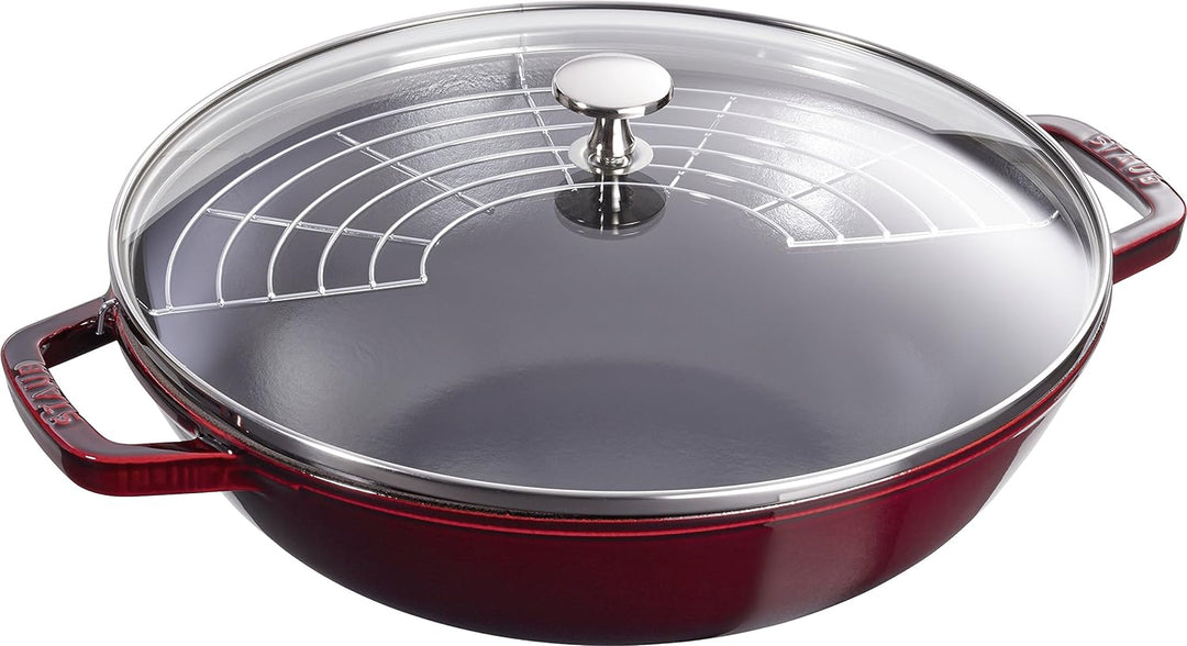 STAUB Wok aus Gusseisen, 30cm, inkl. Glasdeckel, Induktionsgeeignet, Grenadine-rot
