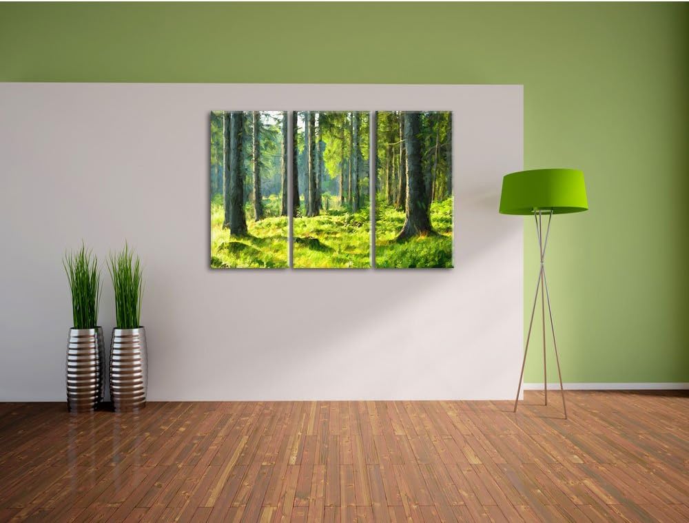 Pixxprint sonniger Tag im Wald / 3-Teilig/Gesamtmass 120cm Leinwandbild bespannt auf Holzrahmen/Wand