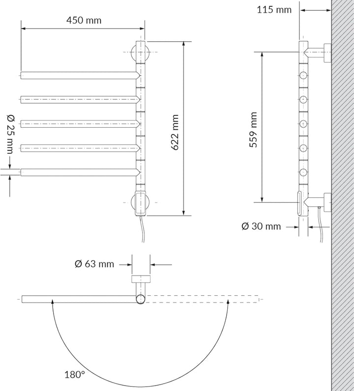 HAGO24 | Elektrischer Handtuchwärmer | Wandmontage | Handtuchtrockner | 5 schwenkbare Arme 180° | To