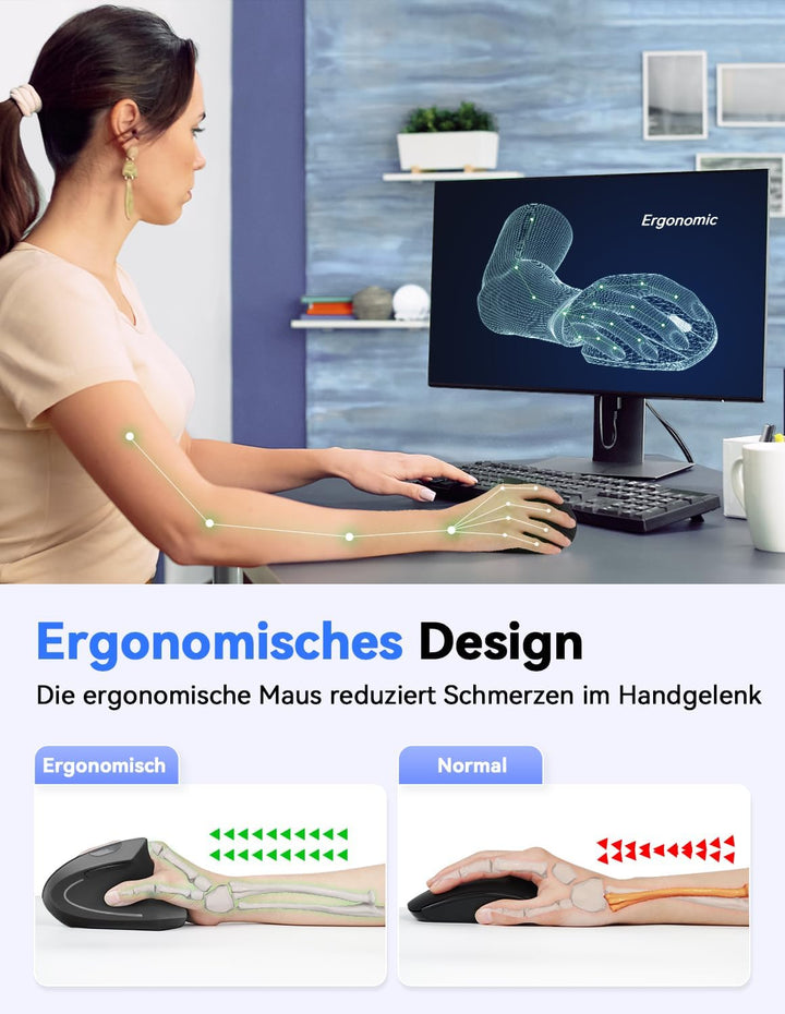 TECKNET Wireless Vertikale Ergonomische Maus, 4800 DPI 6 Tasten Kabellose Optische Maus, 2.4G USB Ve