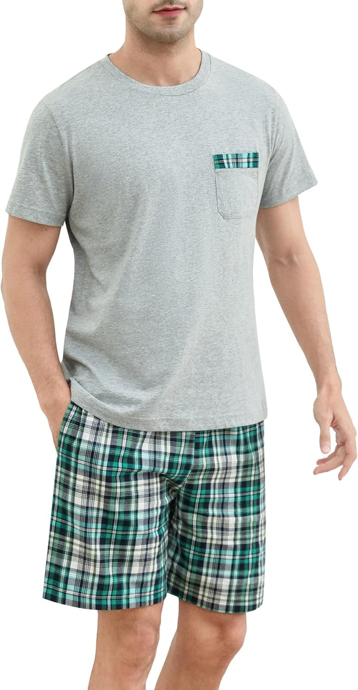 Winovia Schlafanzug Herren Kurz Pyjama 100% Baumwolle Kurzarm Nachtwäsche Nightwear Set mit Rundhals