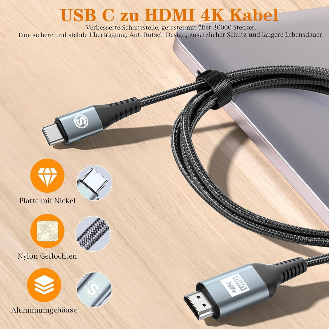AviBrex USB C auf HDMI Kabel 4K 3M,USB Typ C zu HDMI 4K UHD Kabel Geflochten(Thunderbolt 5/4/3 Adapt