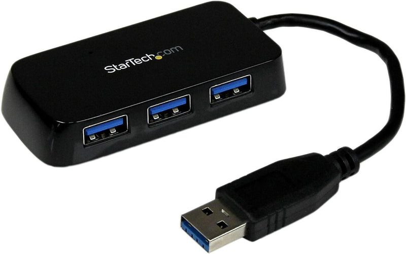 StarTech.com 4 Port USB 3.0 SuperSpeed Hub - Schwarz - Portabler externer Mini USB Hub mit eingebaut