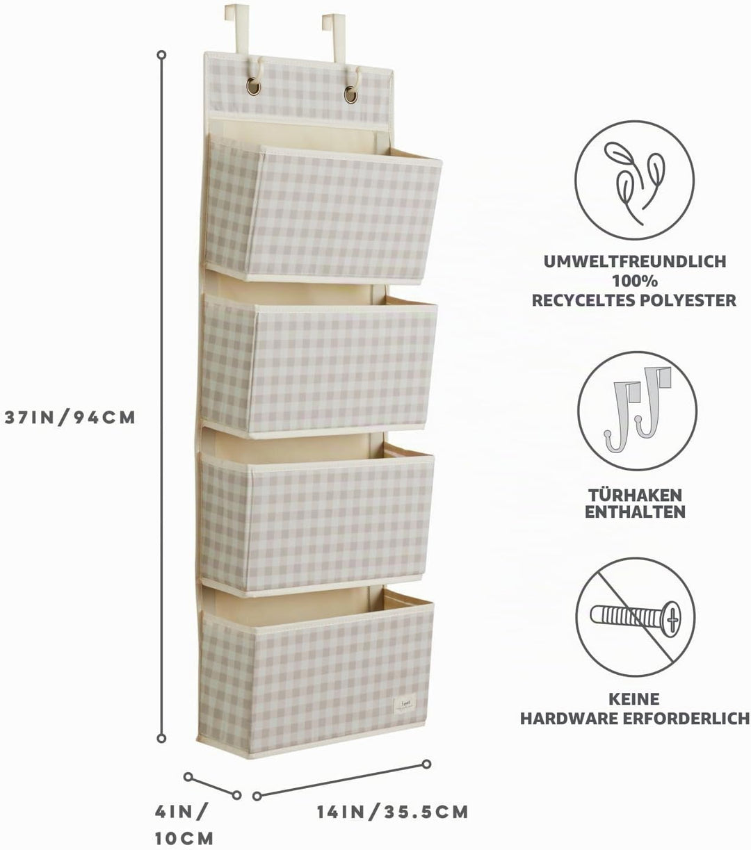3 Sprouts - Hängeorganizer Tür Organizer - Ideal für Ordnung im Bad und Kinderzimmer - Gingham Beige