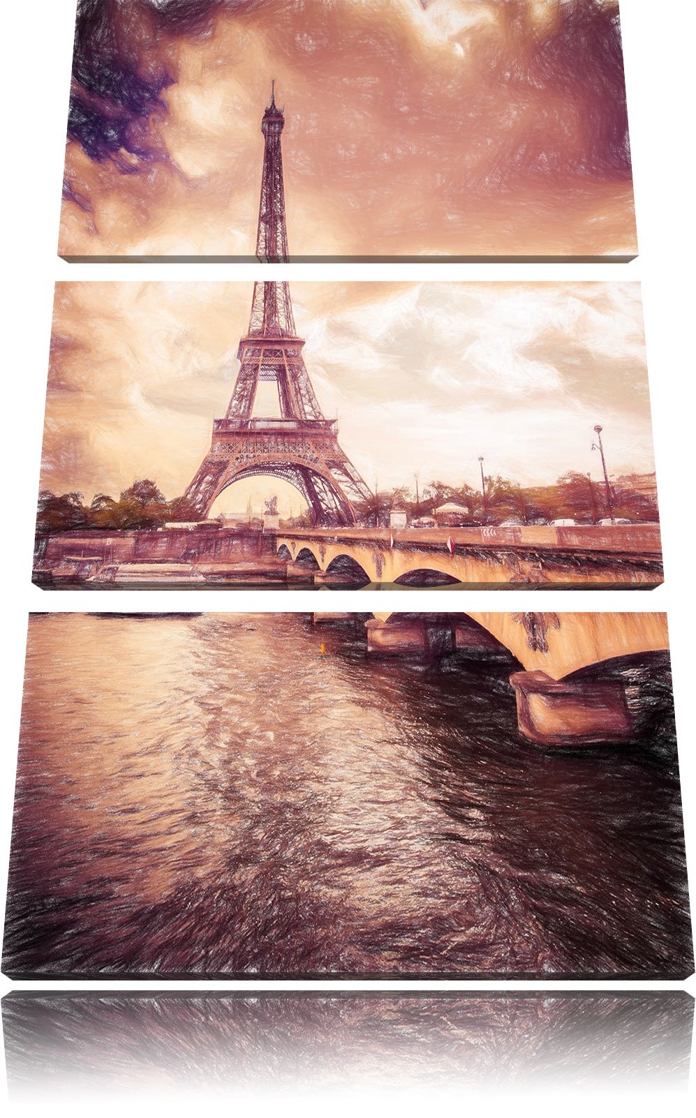 Pixxprint Eiffelturm in Paris / 3-Teilig/Gesamtmass 120cm Leinwandbild bespannt auf Holzrahmen/Wandb