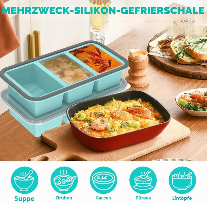 2 Stück Silikon Gefriertablett mit Deckel, 350ml Suppen Einfrieren Behälter mit 3 Fächern, Einfriere