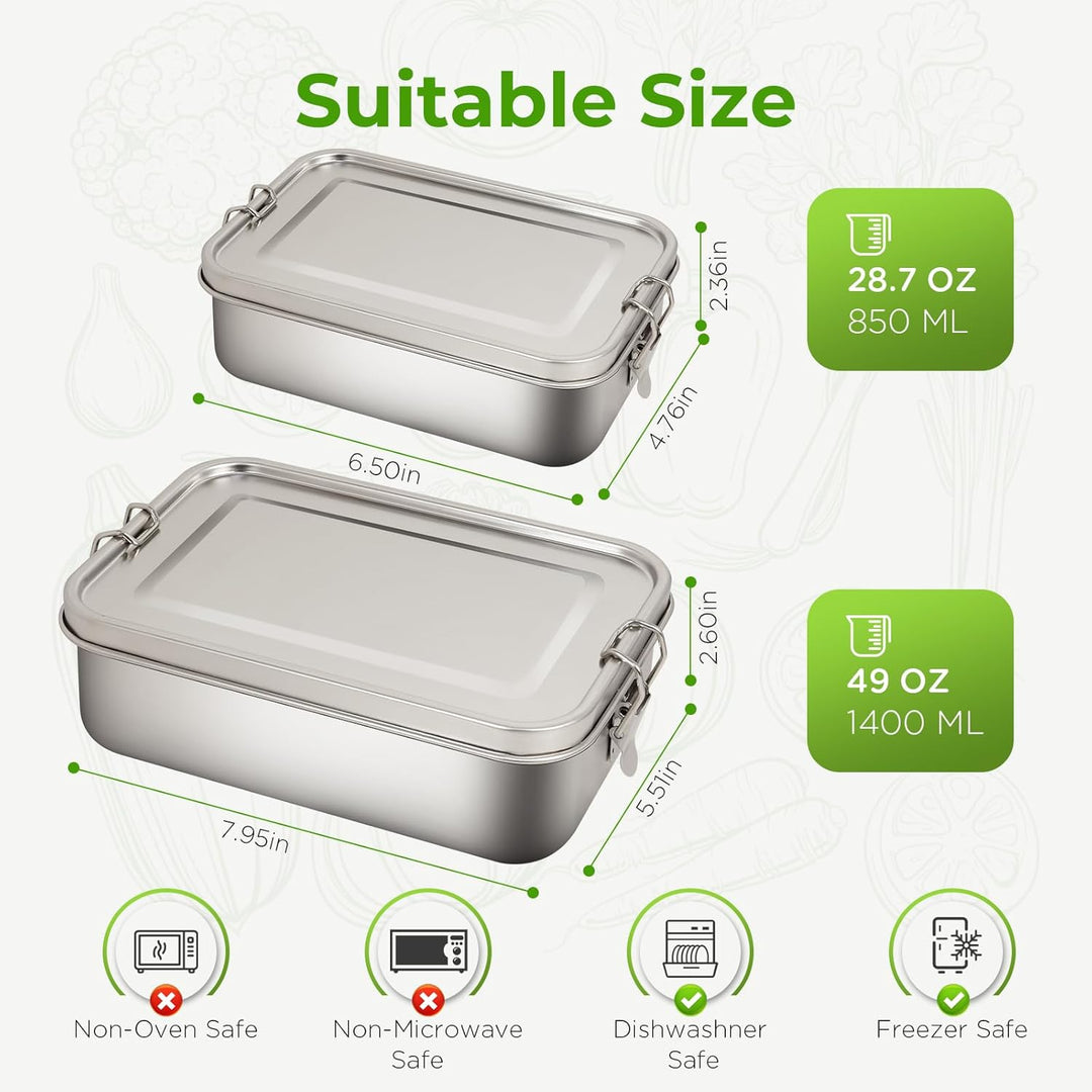 2 Pack 1400/850ml 304 Edelstahl Lunch Box und Lebensmittelbehälter mit Deckel Auslaufsicheres verste