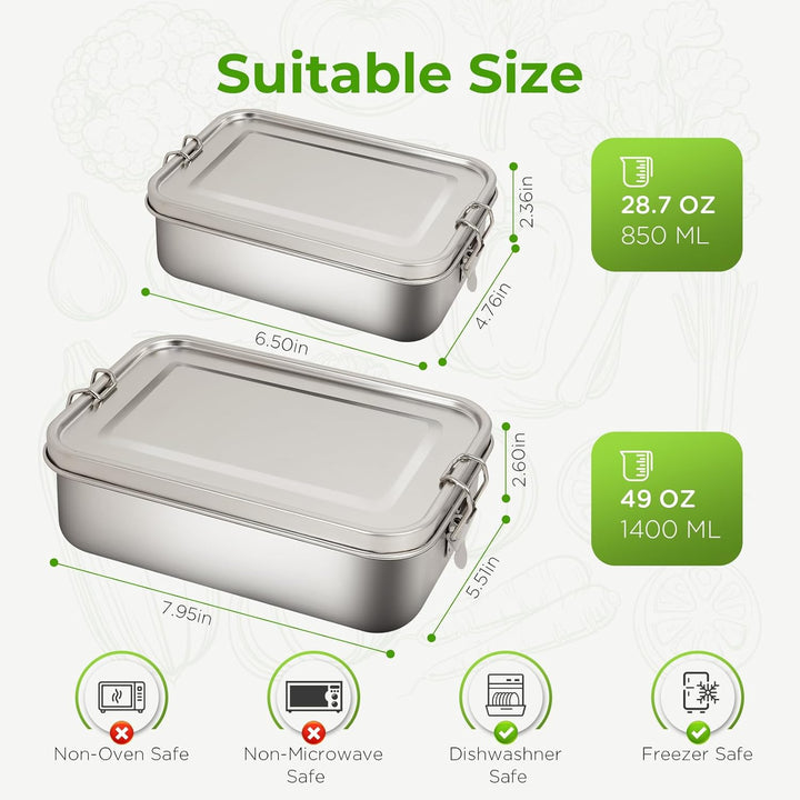 2 Pack 1400/850ml 304 Edelstahl Lunch Box und Lebensmittelbehälter mit Deckel Auslaufsicheres verste
