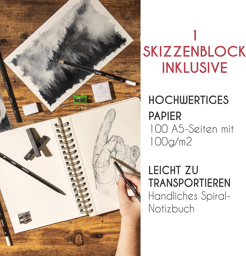 Komplettes Zeichnen Set mit Zeichenblock - 19 Zubehörteile: 8 Bleistifte, 3 Kohlestifte, 1 Graphit S