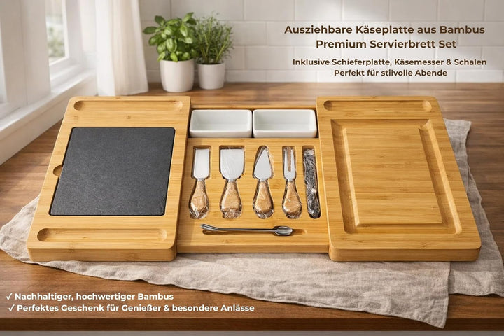 KKalyan Käsebrett Set aus Bambus – Ausziehbar auf 68 cm | Servierbrett mit Schieferplatte, 4 Käsemes