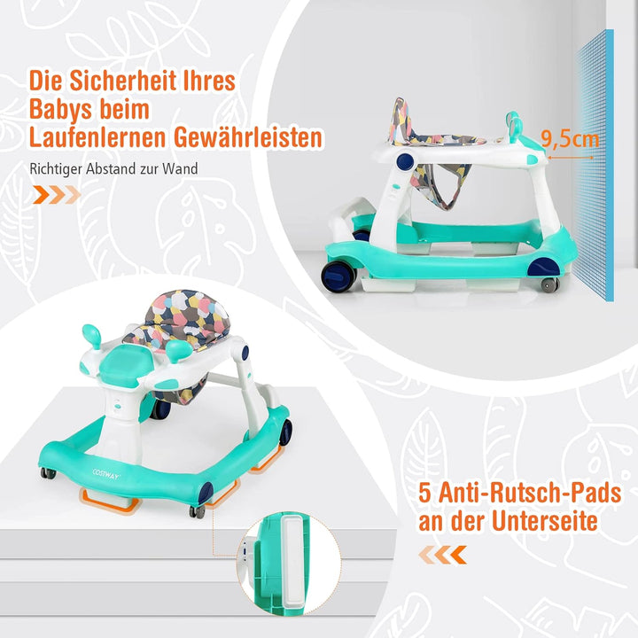 COSTWAY 2-in-1 Lauflernhilfe klappbar, Baby Walker höhenverstellbar, Gehfrei mit Musik & Licht, Lauf