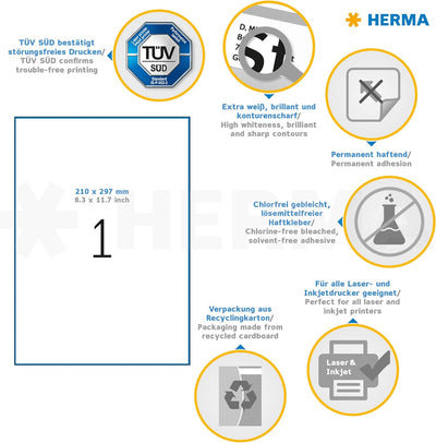 HERMA 4631 Universal Etiketten, 200 Blatt, 210 x 297 mm, 1 Stück pro A4 Bogen, 200 Aufkleber, selbst