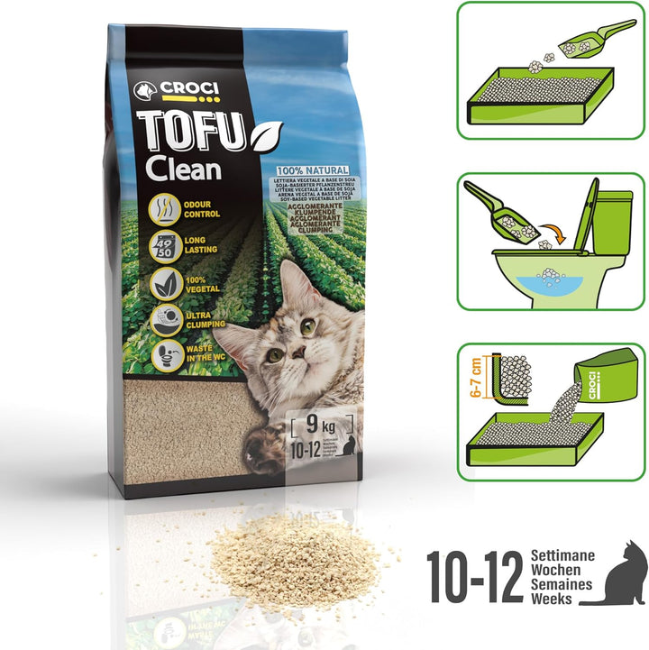 Croci Tofu Clean Litter 20 l – klumpende Katzenstreu, biologisch abbaubar, spült in der Toilette, 10