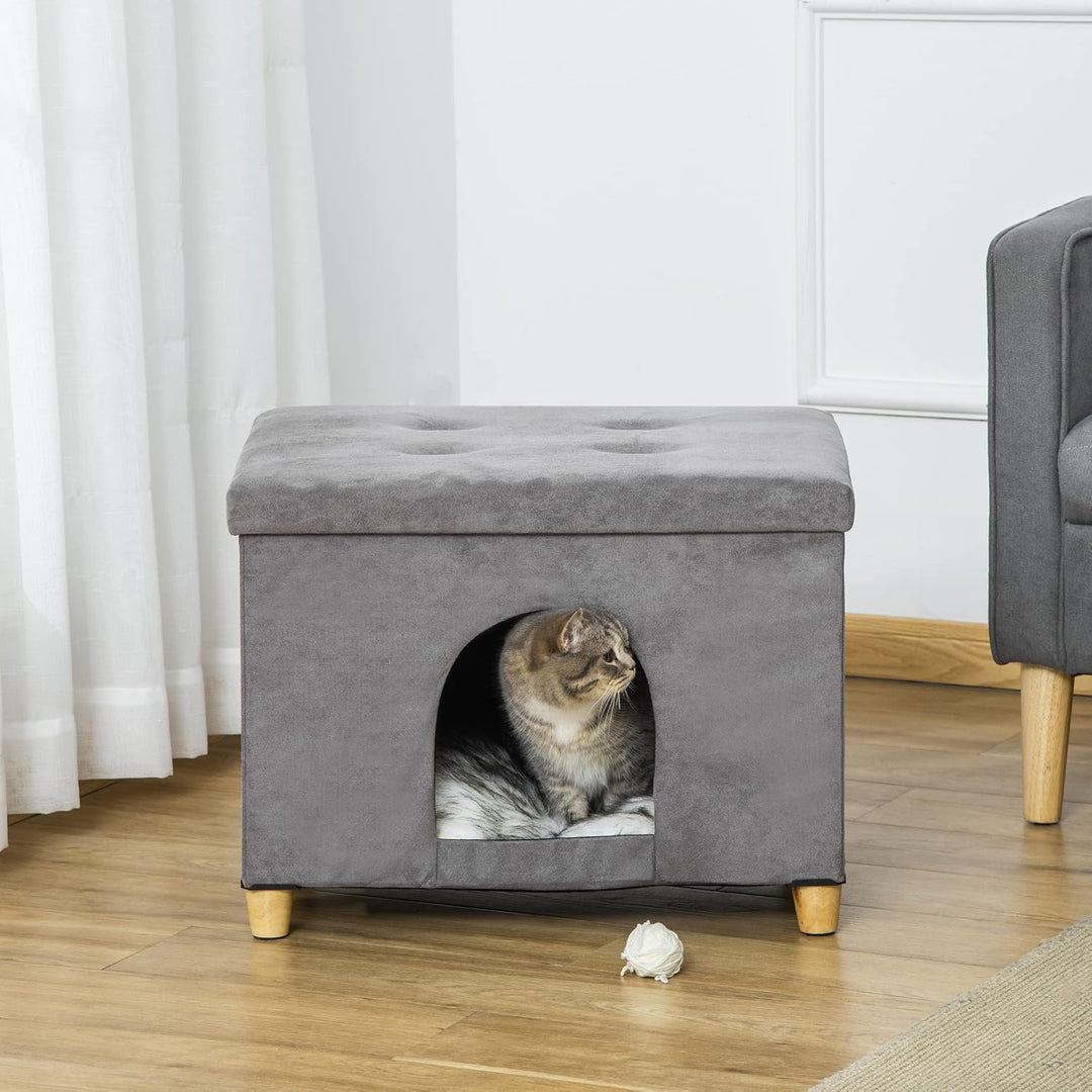 PawHut Katzenhöhle Katzenbett 2-IN-1 Katzenhaus Fusshocker mit Kissen Holzbeine Katzenzelt Haustierh