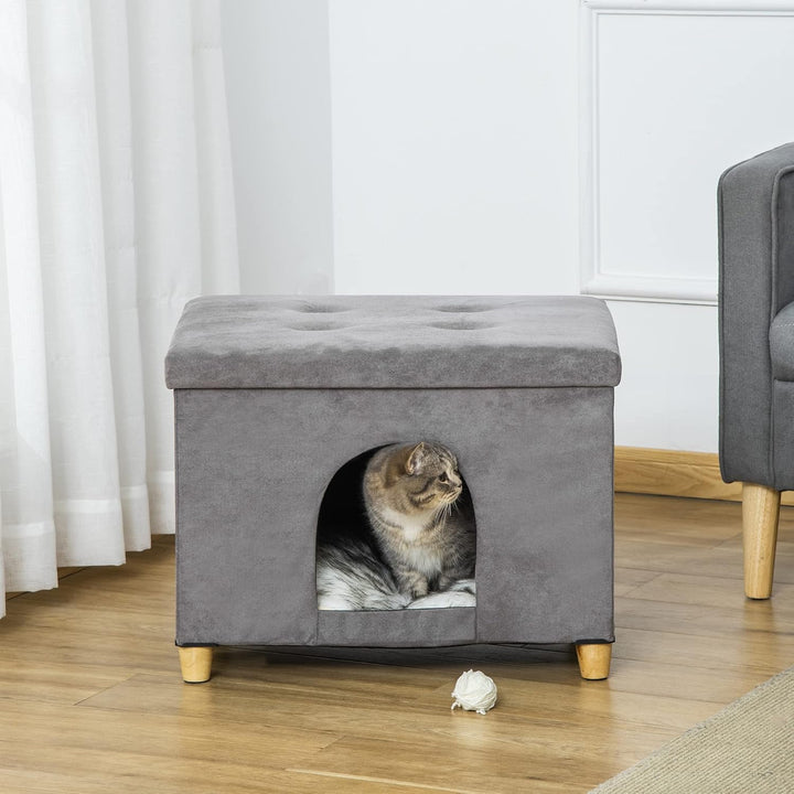 PawHut Katzenhöhle Katzenbett 2-IN-1 Katzenhaus Fusshocker mit Kissen Holzbeine Katzenzelt Haustierh