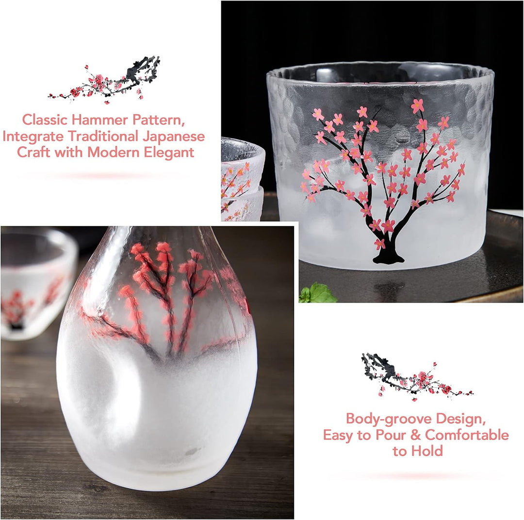 DUJUST Japanisches Sake-Set für 4, Handcrafted Pink Cherry Blossoms Design, 1 Sake-Flasche, 1 Sake-B