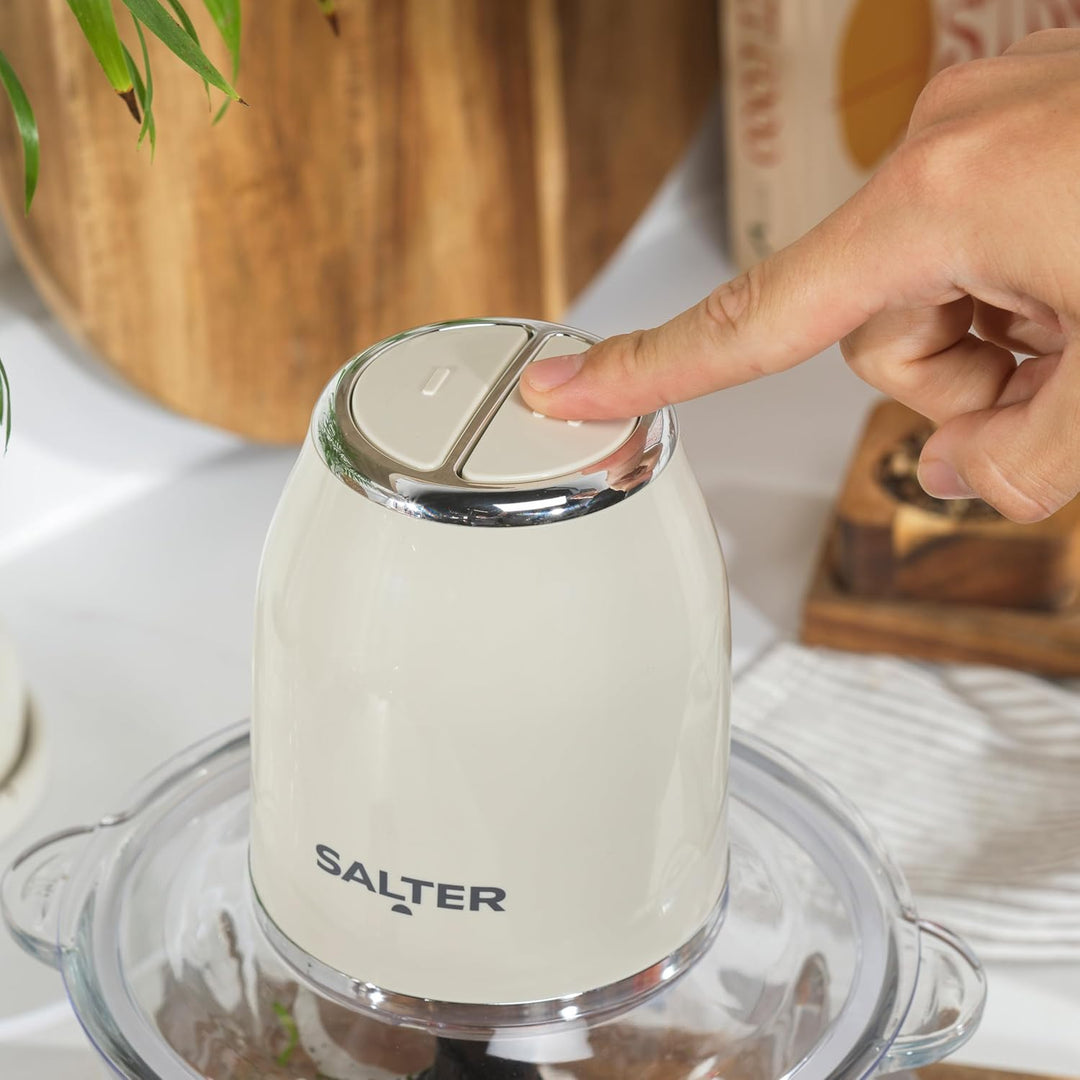 Salter Retro Cream Food Chopper - Elektrisch 1,2 Liter, 2 Geschwindigkeitsstufen, Doppelte Edelstahl