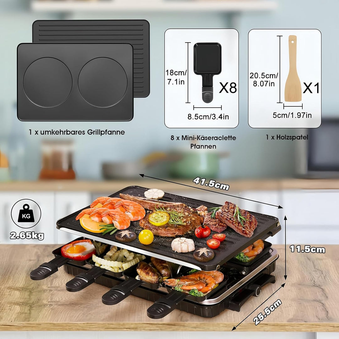 2-in-1 Raclette Grill, Raclette 8 Personen, 1300W Elektrogrill mit 1 Umkehrbarer Antihaft Grillplatt