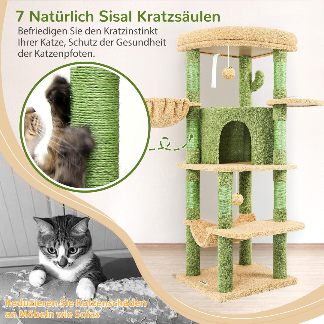 Globlazer Kratzbaum Ecke Kaktus Grün, Eckkratzbaum Stabil hoch 130 cm mit Gross Katzenhaus Sektor Ge