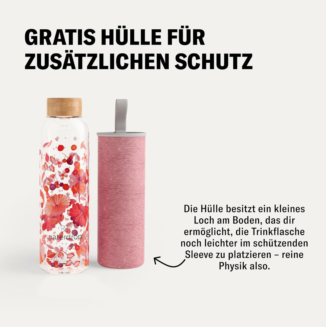 waterdrop® Edition Glass Bottle 600ml Trinkflasche Glas auslaufsicher, Kohlensäure geeignet | BPA fr