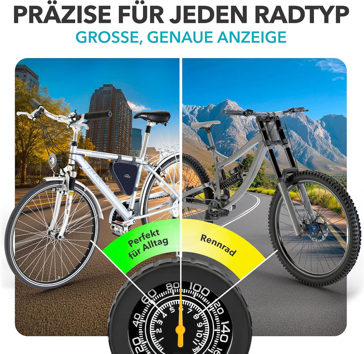 CYCLEHERO Fahrradpumpe für alle Ventile - Leistungsstarke Luftpumpe mit Manometer und 2 Jahren Garan