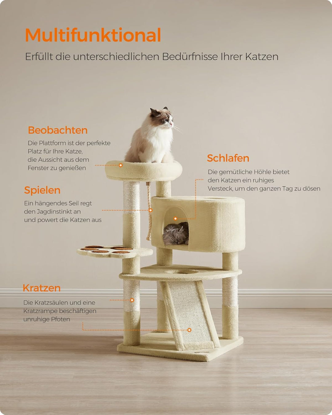 Feandrea Kratzbaum, Katzenbaum niedlich, mit Plattform, Höhle, Kratzrampe, mehrstöckig, Katzenkratzb