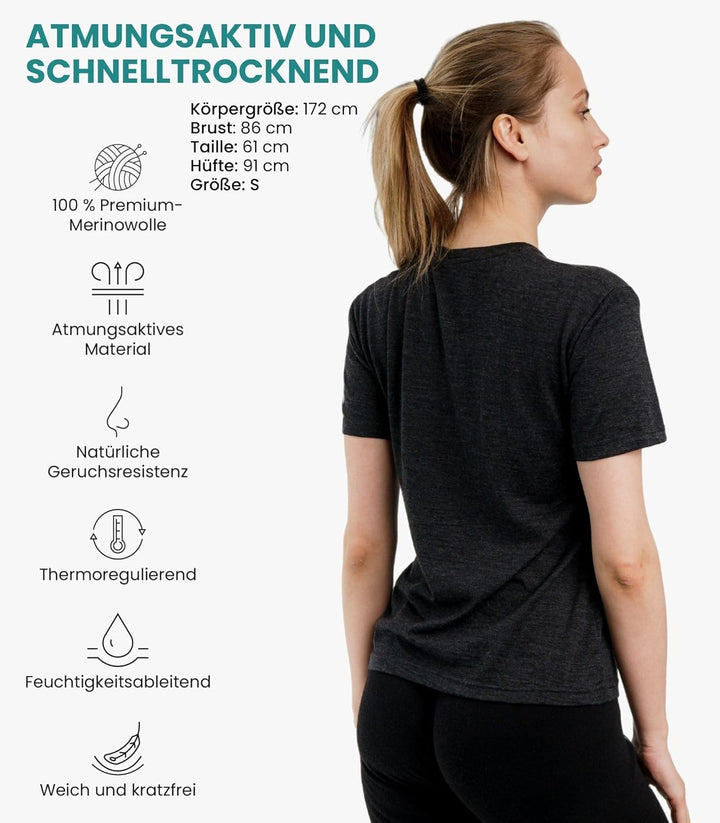 Merino.tech 100% Merino T Shirt Damen - Merinowolle Sport Wandern Thermoshirt Damen + Wandersocken C