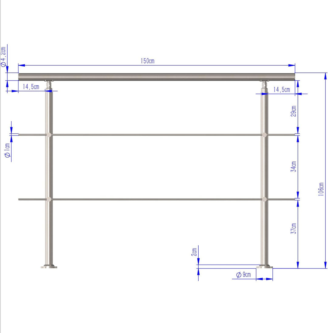 CAVATINY Edelstahl Handlauf Geländer für Treppen Brüstung Balkon mit 2 Querstreben - Innen und Ausse