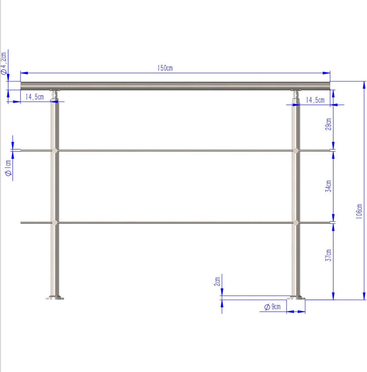 CAVATINY Edelstahl Handlauf Geländer für Treppen Brüstung Balkon mit 2 Querstreben - Innen und Ausse