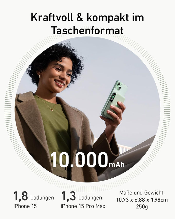 Anker MagGo Power Bank, Qi2-zertifiziertes 15W schnelles MagSafe-kompatibles mobiles Ladegerät, 10.0