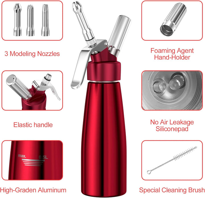 Newaner 500ml sahnespender, Sahnesyphon Aluminium mit 3 Edelstahl Deko-Düsen und 1 Reinigungbürste,